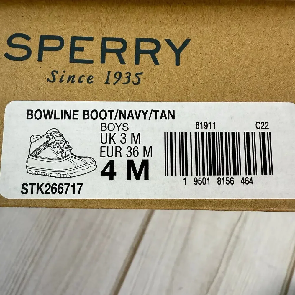 Kids Sperry Bowline Duck Boots Navy Tan Waterproof Lace Up Size 4 Youth